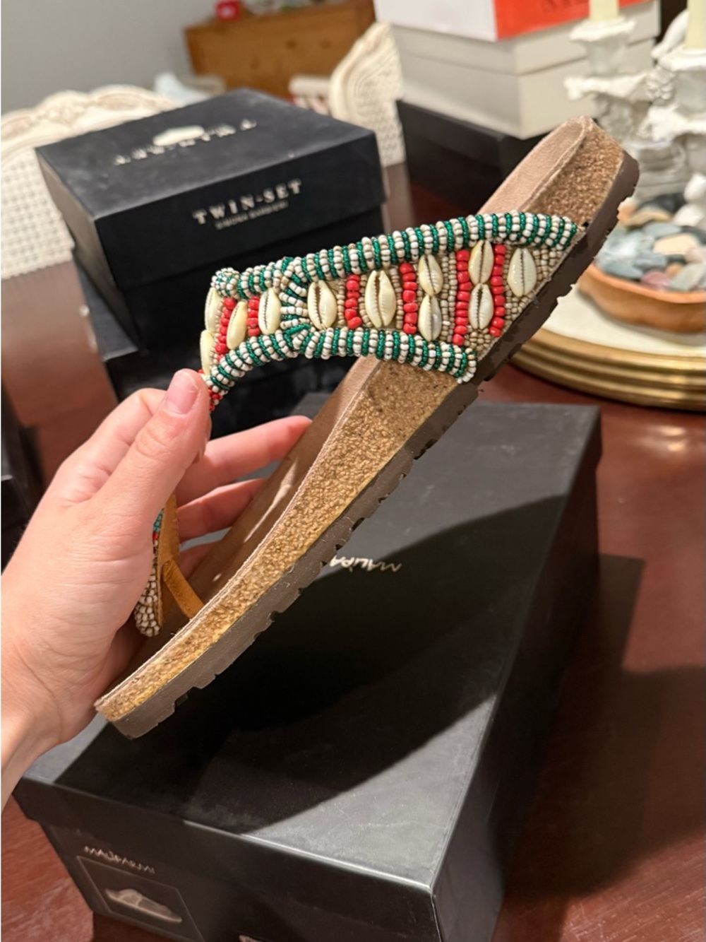 Beaded T-Strap Sandal in Beige with Multicolor Accents - Picture 3 of 6